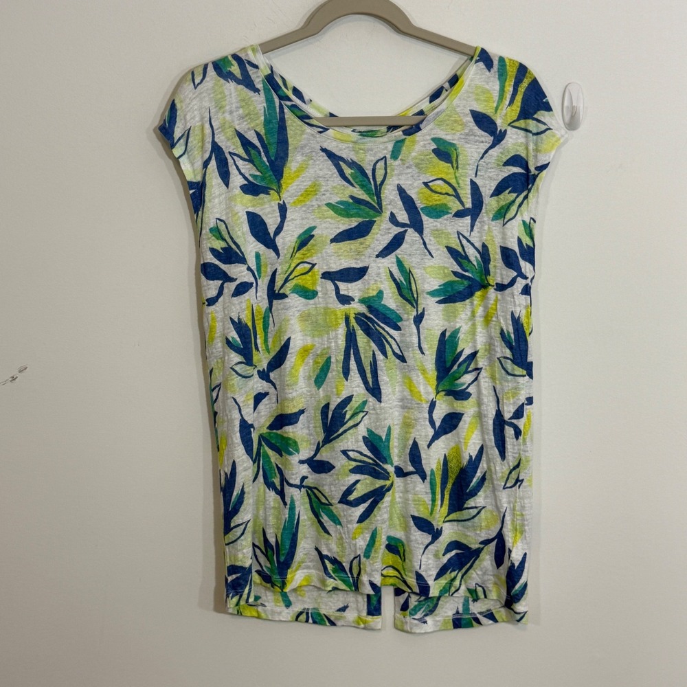 Cynthia Rowley Womens Top M White Green Floral Linen Coastal Vacation Tropical